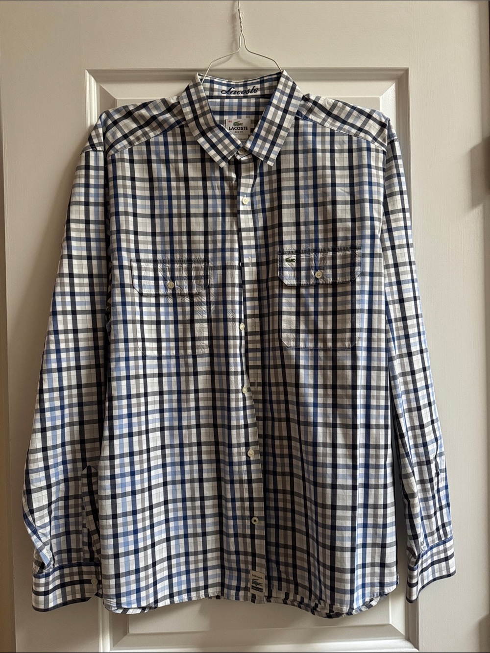 Lacoste White, Blue & Black Plaid Button-Down Shirt